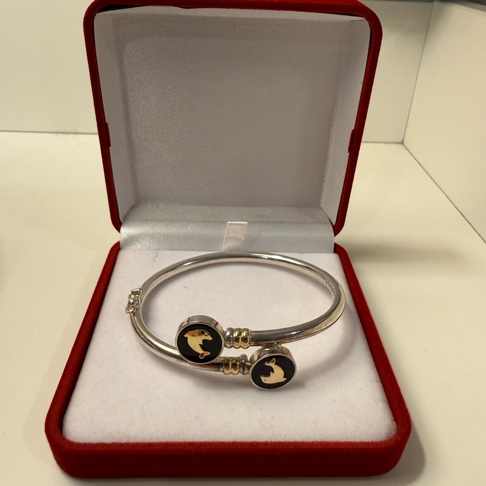 Peruvian Silver & Gold-Filled Black Onyx Dolphin Charm Hinged Bracelet – NWOT